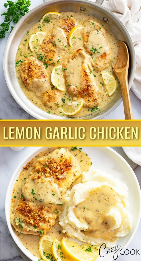 This Lemon Garlic Chicken recipe has the BEST sauce that's infused with fresh lemons, garlic, Parmesan, seasonings, and a hint of cream. This is an easy dinner to serve with mashed potatoes, with plenty of sauce to go around! Chicken Recipes With Lemon, Lemon Cream Chicken Recipe, Chicken Lemon Sauce, Chicken With White Sauce, Lemon Garlic Chicken Recipe, Lemon Garlic Chicken Healthy, Creamy Lemon Garlic Sauce, Lemon Garlic Cream Sauce, Creamy Lemon Garlic Butter Sauce