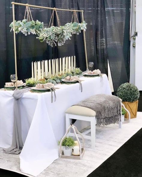 Over The Table Rod Decor, Chiffon Runner, Over The Table Rod, Event Decor Ideas, Boxwood Garland, Party Decorations Table, White Tablecloth, White Dinner, Eucalyptus Garland