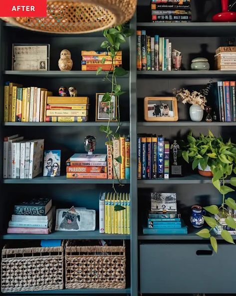 An IKEA Hack Transforms a “Wasted Space” Into a Dreamy Book Nook | Apartment Therapy Painted Bedroom Walls, Bookshelf Nook, Plants On Shelves, Painted Bookshelf, Old Brick Building, Ikea Bookshelf Hack, In Home Library, Ikea Billy Hack, Ikea Book