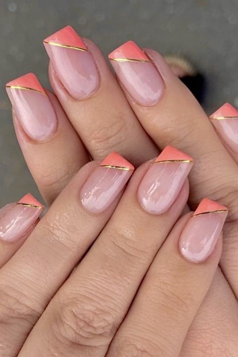 Orange And Gold French Tip Nails, Nail Designs Coral, Cute Summer Nails Short, Coral Nail Designs, Uñas Color Coral, Coral Nail Art, Coral Nails With Design, Coral Nail, Hannah Taylor