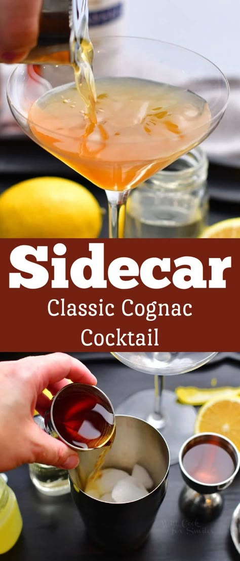 Sidecar is one of those classic cocktails that's been around for decades. It's a mix of cognac, orange liqueur, simple syrup, and lemon juice. This gives the Sidecar a unique body, smooth taste, and very clean and refreshing flavor. Cute Drinks To Make, Sidecar Drink, Cognac Drinks, Cognac Cocktail, Orange Simple Syrup, Sidecar Cocktail, Frozen Raspberries, Orange Liqueur, Classic Cocktail Recipes