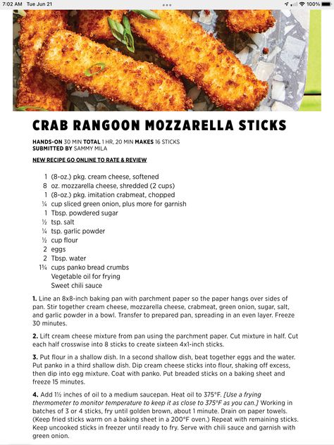 Crab Rangoon Mozzarella Sticks, Mozzarella Cheese Sticks, Food Decorating, Crab Rangoon, Dinner Bread, Mozzarella Sticks, Crab Recipes, Cheese Sticks, Sweet Chili Sauce