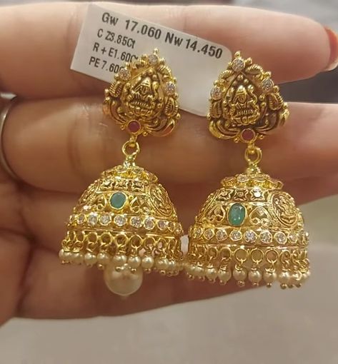 Bridal Ear Rings Gold, Earrings Gold Indian Buttalu, Gold Jhumka Earrings Indian Bridal, Jumka Design Gold Bridal, Jhumka Designs Gold Indian, Gold Buttalu Designs, Kammalu Buttalu Gold, Buttalu Earrings Gold Bridal, Jumkas Antiques