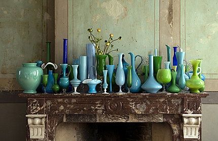 ∷ Variations on a Theme ∷ Collection of vintage vases Green Glass Vase, The Mantle, Green Vase, Displaying Collections, Green Glass, The Fire, Glass Collection, Colored Glass, Bottles Decoration