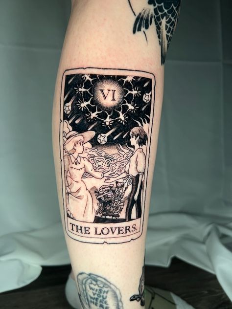 Howls Moving Castle Tarot, The Lovers Howls Moving Castle, Howl Tattoo Castle, The Lovers Tarot Card Tattoo Traditional, Anime Tarot Card Tattoo, Howls Moving Castle Tattoo Sleeve, Howls Moving Castle Tattoo Howl, Bowels Moving Castle Tattoo, Simple Howls Moving Castle Tattoo