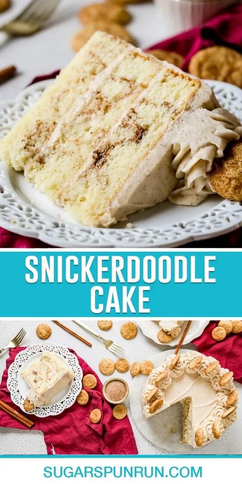 This buttery soft snickerdoodle cake is swirled with cinnamon sugar and topped with a brown sugar cinnamon cream cheese frosting. I decorate mine semi-naked style with mini snickerdoodle cookies on top! Snickerdoodle Cookie Cake Recipe, Snickerdoodle Cookie Cake, Brown Sugar Cinnamon Cream Cheese, Cookie Filling, Snickerdoodle Cake, Best Snickerdoodle Cookies, Dessert Thanksgiving, Cinnamon Buttercream, Moist Vanilla Cake