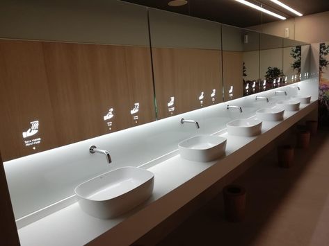 Complete system including high-speed hand dryer, thermostatic mixing valve, touch-free faucet, liquid soap dispenser, and optional lamp soap level indicator. Airport Toilet Design, Toilet Mall, Airport Toilet, Airport Bathroom, Commercial Bathrooms, Bathroom Technology, Ada Bathroom, Commercial Toilet, Public Toilet