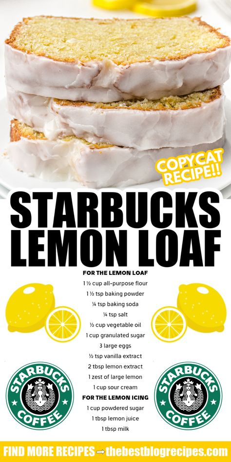 This copycat recipe for Starbucks Lemon Loaf is so easy and delicious! Though a loaf, this lemon bread is quite cake-like and topped with lemon icing. Lemon loaf cake is moist and mouthwatering. Starbucks Lemon Loaf Recipe, Copycat Starbucks Lemon Loaf, Starbucks Lemon Loaf, Lemon Loaf Recipe, Starbucks Lemon, Copycat Starbucks, Dinner Recipes Easy, Lemon Bread, Lemon Dessert Recipes