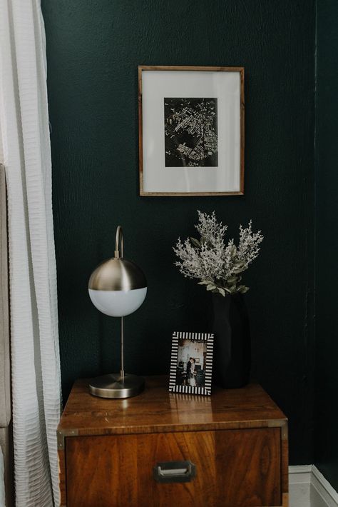 Our Cozy, Black Evergreen Spare Bedroom with an Office Nook | Dark Green Paint Colors | Dark Green Bedrooms  www.mirandaschroeder.com Spare Bedroom Ideas Green, Evergreen Wall Paint, Dark Green Interior Paint, Bm Black Forest Green, Green Black Paint Color, Black Green Paint Colors, Dark Green Master Bedrooms Decor, Dark Paint Colors For Bedroom, Dark Painted Bedrooms