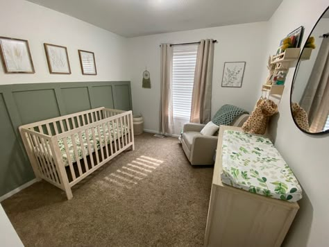 Green Themed Nursery Gender Neutral, Neutral Nursery With Accent Wall, Green Panel Nursery, Half Green Wall Nursery, Sage Green Board And Batten Wall Nursery, Green Wainscoting Nursery, Green Board And Batten Wall Nursery, Board And Batten Half Wall Nursery, Tan And Green Nursery