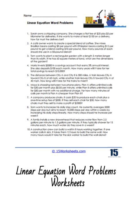 These worksheets will help students practice formulating and solving real-world problems using linear equations to solve them. Measurement Word Problems, Decimal Word Problems, Linear Relationships, Solving Linear Equations, Multiplication Word Problems, Fraction Word Problems, Addition Words, Division Word Problems, Addition Word Problems