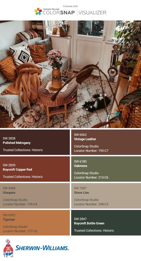 I just created this color palette with the Sherwin-Williams ColorSnap® Visualizer app on my Android phone. What do you think? You can learn more about ColorSnap Visualizer and get it on your phone free by visiting https://www.sherwin-williams.com/content/colorsnap.html. Sherwin Williams Desert Colors, Sherwin Williams Baked Clay, Sherwin Williams Terra Cotta Colors, Earth Tones Living Room Paint, Terra Cotta Color Palette, Dutch Colonial Exterior, Earth Tone Living Room, Orange Rooms, Rust Paint