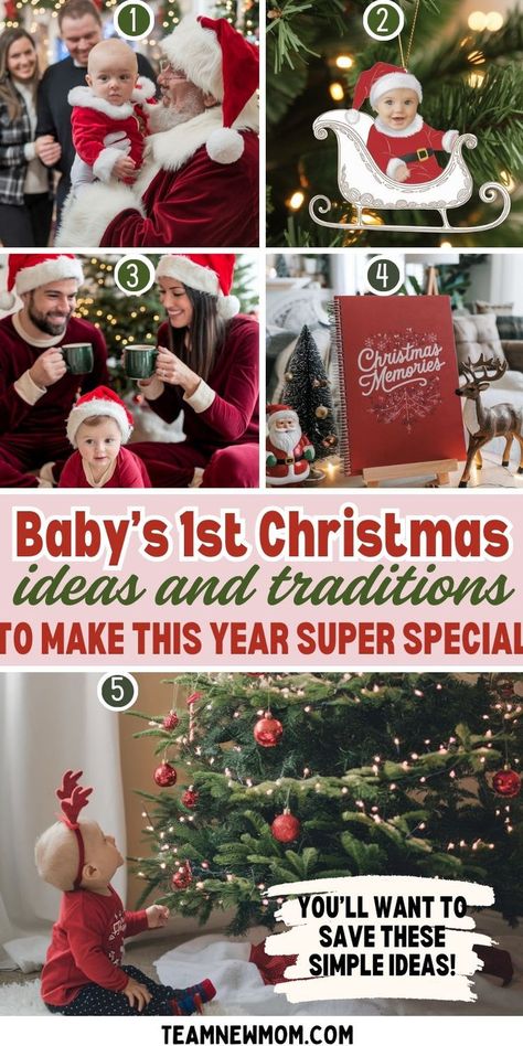 Collage of baby's first Christmas, featuring fun ideas and traditions like visiting Santa, keepsake ornaments, and cozy family moments by the tree. Holiday memories for baby’s first Christmas. Baby Boy First Christmas Photo, Christmas Traditions To Start With Baby, Baby First Christmas Ideas, Christmas Ideas To Make, First Christmas Ideas, Ideas For Fun, Christmas To Do List, First Christmas Baby, First Christmas Photos