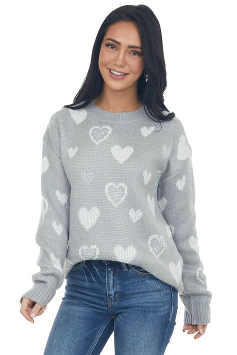 Dove Grey Heart Print Metallic Knit Sweater || Valentine's Day outfit | Valentine's Day outfits for women | valentines day outfits for women dress | valentines day outfits for women winter | womens winter outift | womens sweater | winter sweater | winter outfit 2022 | womens winter outfit 2022 | womens winter sweater 2022 | womens winter sweaters | winter outfit ideas | womens outfit inspiration | womens outfit inspo | women's outfit ideas Womens Outfit Inspiration, Womens Winter Sweaters, Valentines Day Outfits For Women, Winter Outfit 2022, Grey Heart, Sweaters Winter, Winter Sweater Outfits, Cute Tops For Women, Outfit Inspiration Women