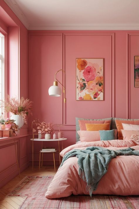 Bright Bedroom Ideas For Women, Colour Drench Pink Bedroom, Purple Headboard Bedroom Ideas, Light Peach Room, Colorful Bedroom Inspirations, Sophisticated Pink Bedroom, Salmon Pink Bedroom, Dopamine Decor Bedroom Ideas, Light Pink Walls Bedroom