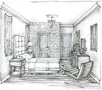 Monochrome sketch of a Traditional Bedroom. Pencil drawing of a classic bedroom interior on white background. Sketch Room Design, Bedroom Perspective Drawing, Classic Bedroom Interior, Sketch Room, Monochrome Sketch, Room Sketch, Interior Architecture Sketch, Scandinavian Floor, Perspective Drawings