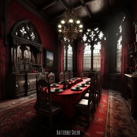 Victorian Gothic Red Dining Room Victorian Homes Interior Dining Rooms, Victorian Gothic Dining Room, Goth Victorian House Interior Design, Goth Victorian House, Red Victorian House, Goth Dining Room, Victorian Porch Ideas, Dark House Aesthetic, Victorian Gothic Mansion