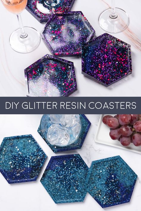 Make these DIY glitter resin coasters for home decor or gifts! These are unbelievably sparkly, plus they are waterproof and food safe. Glitter Resin Coasters, Rock Resin Coaster, Gold Resin Coasters, Resin Coaster Set With Holder, Diy Resin Coasters, Purple Resin Coasters, How To Make Glitter, How To Make Resin, Diy Crafts For Teens