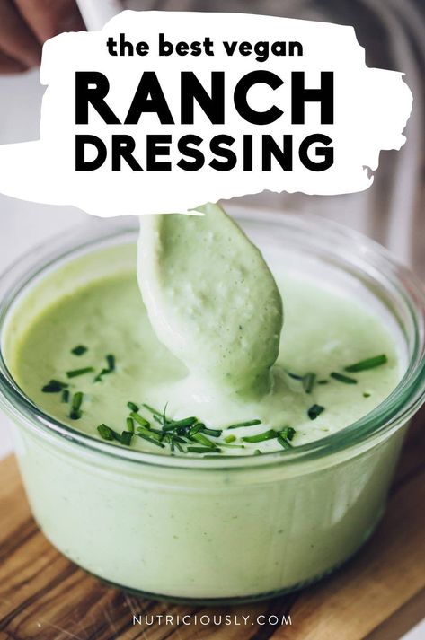 This creamy dairy-free vegan ranch dressing is made with silken tofu, fresh herbs and only a few staple spices. Vibrantly green, garlicky and loaded with fresh flavor, it's a high-protein and low-fat dressing or dip that's perfect for salads, wraps, wings or fresh vegetables. Try this whole food plant-based 5-minute recipe and meal prep it in larger batches for the upcoming week! Weight loss and family-friendly, oil-free and undetectably vegan. Tofu Ranch Dressing, Avocado Ranch Dressing Recipe, Vegan Avocado Dressing, Creamy Avocado Ranch Dressing, Avocado Lime Ranch Dressing, Avocado Ranch Dressing, Vegan Ranch Dressing, Vegan Grocery List, Vegan Salad Dressing