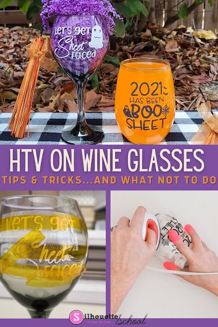 We get asked quite a bit around here if it's possible to put HTV on glass....for one reason or another (maybe you prefer working with heat transfer vinyl vs vinyl or you just have HTV on hand). The answer is YES...and the follow up question is always is HTV on glass dishwasher safe?  Let's get to all of that including some tips on how to make sure your design is wrinkle free! Read more » Heat Transfer Vinyl Tutorial, Wine Glass Vinyl, Vinyl On Glass, Funny Wine Glasses, Heat Transfer Vinyl Projects, Silhouette School Blog, Stencil Vinyl, Silhouette Cameo Tutorials, Silhouette School