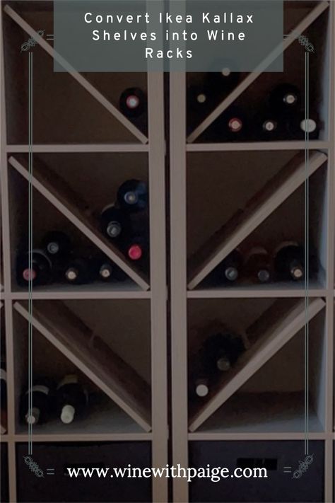 How to Convert your Ikea Kallax Shelves into Wine Storage #winerack Wine Rack Bookshelf, Wine Wall Storage Ideas, Wine Storage Closet Ideas, Diy Wine Cube Storage, Ikea Hack Wine Storage, Wine Cellar Ikea Hack, Ikea Wine Rack Hack Ideas, Kallax Wine Rack, Wine Storage Closet