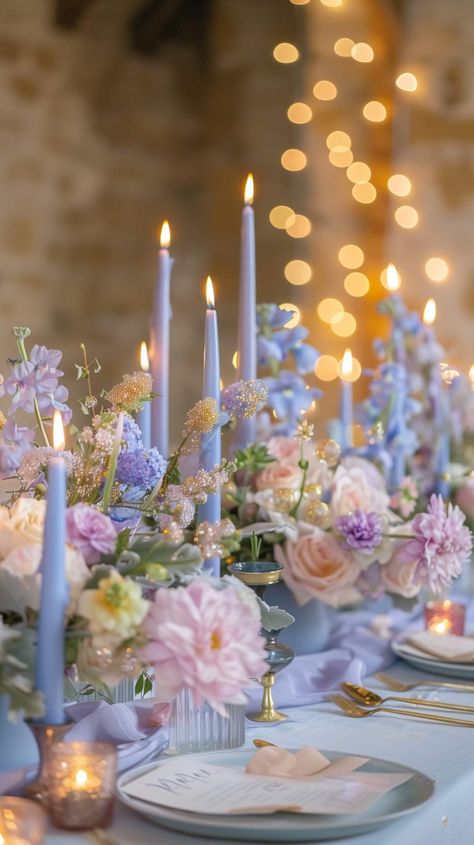 25+ Beautiful Blue Wedding Theme Ideas - Remodr Purple Table Decor, Mason Jar Wedding Centerpieces, Jar Wedding Centerpieces, Fairytale Bridal Shower, Blue Wedding Theme Ideas, Blue Table Decor, Crystal Wedding Decor, Pink Table Decorations, Wedding Centerpieces Elegant