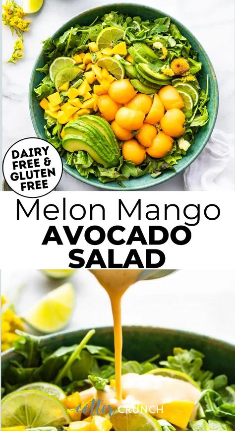 Mango avocado salad is a healthy fruit salad with cantaloupe and a light melon dressing. Make this easy recipe for a delicious dairy free dinner. No refined sugar and vegan friendly for the best summer salad with fruit. Make this melon salad recipe for your next BBQ or gluten free summer party! Cantaloupe Avocado Salad, Cantaloupe Salad Recipes, Cantelope Melon Recipes, Melon Salad Recipes, Salad Gluten Free Dairy Free, Avocado Salad Vegan, Salad With Fruit, Cantaloupe Salad, Mango Salad Recipe