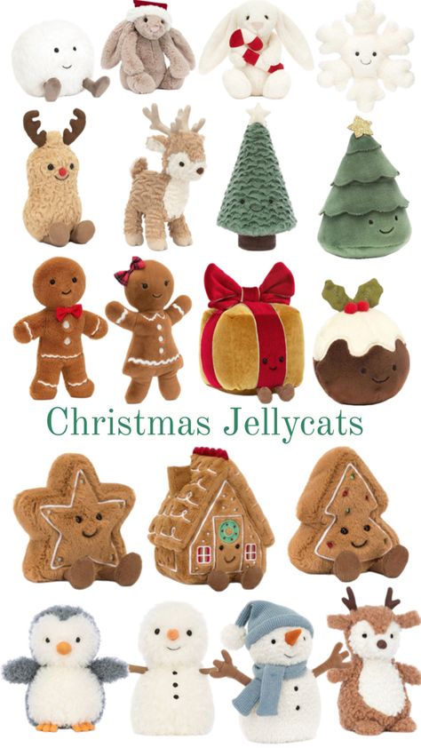 - a collage displaying a wide variety of Christmas jellycats currently available. Pink Jellycat, Jellycat Christmas, Christmas Jellycat, Jellycat Aesthetic, Jellycat Stuffed Animals, School Bag Essentials, Stop And Shop, Bvlgari Jewelry, Bag Essentials