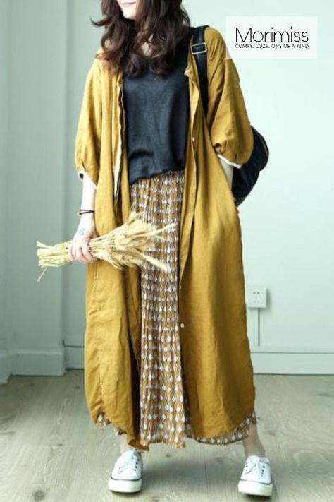 Emo Cottagecore, Dresses Linen, Plus Size Cardigan, Pants Overalls, Comfy Clothing, Mode Kimono, Loose Dresses, Casual Hijab Outfit, Yellow Cardigan