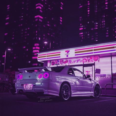 Car, aesthetic, jdm, japan, 7 11, nissan, gtr, r34, purple Aesthetic Jdm, Jdm Japan, Neon Car, Nissan Gtr R34, Tokyo Drift Cars, R34 Skyline, Skyline Gtr R34, R34 Gtr, Gold Car