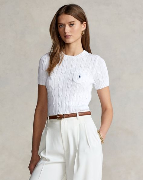 Cable-Knit Short-Sleeve Jumper Polo Outfits For Women, Cotton Cable Knit Sweater, Polo Shirt Outfits, Polo Outfit, Polo Ralph Lauren Women, Ralph Lauren Shorts, Ralph Lauren Outfits, 가을 패션, Classic Outfits