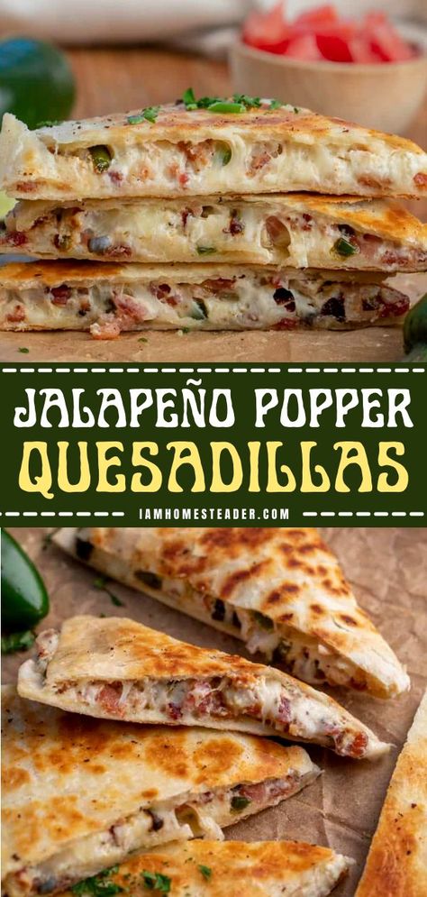 This quesadillas recipe is the best party snack you can offer! You'll taste the crunch of the jalapeno poppers in every bite, along with the cream cheese mixture and bacon. Don't miss this easy appetizer recipe! Jalapeno Popper Quesadilla, Quesadilla Recipes Easy, Quesadilla Recipe, Poppers Recipe, Jalapeno Recipes, Jalapeno Peppers, Jalapeno Popper, Party Snack, Cheesy Recipes