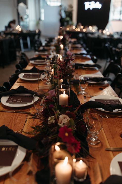 Dark And Moody Centerpiece, Moody Wedding Venue Decor, Moody Country Wedding, Black White And Burgundy Wedding Table Settings, Moody Romantic Fall Wedding, Dark Maroon Wedding Theme, Moody Fall Wedding Aesthetic, Black White And Burgundy Wedding, Moody Minimalist Wedding