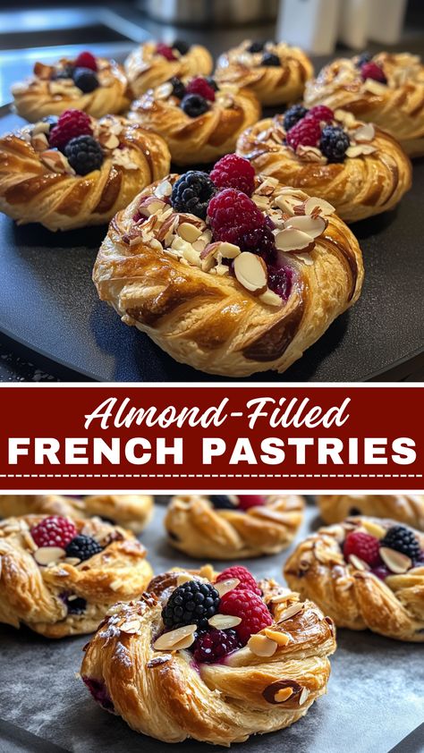 Pies Tarts and Cakes Recipes: Almond-Filled French Pastries Rough Puff Pastry Desserts, Flaky Pastry Recipe Desserts, Almond Puff Pastry Recipes, Polish Pastries, French Pastries Art, Flaky Pastry Recipe, French Pastry Recipes, Breakfast Pastry Recipes, French Pastries Recipes