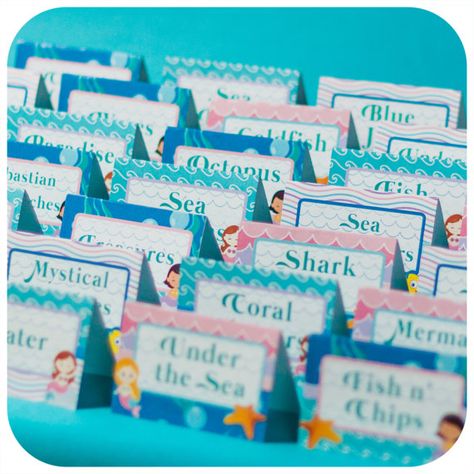 Under the Sea Party Food Tents Little Mermaid by KraftsbyKaleigh Little Mermaid Party Decorations, Under The Sea Party Food, Sea Party Food, Mermaid Birthday Party Food, Little Mermaid Party, Movie Night Birthday Party, Mermaid Birthday Cakes, Party Food Labels, Mermaid Party Decorations