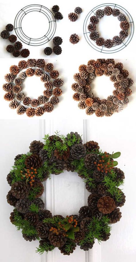 Straw Christmas Wreaths, Organizing Recipes, Pinecone Wreaths, Julkransar Diy, Ribbon Wreath Diy, Diy Christmas Table, Diy Pinecone, Silver Christmas Decorations, Diy Christmas Wreaths