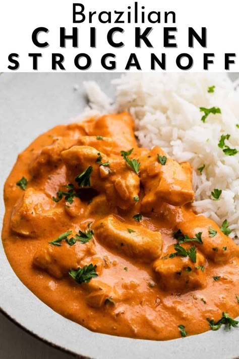 Brazilian Chicken, Brazilian Dishes, Chicken Stroganoff, Chicken And Rice, Brazilian Food, Portuguese Recipes, Dinner Idea, Poultry Recipes, Butter Chicken