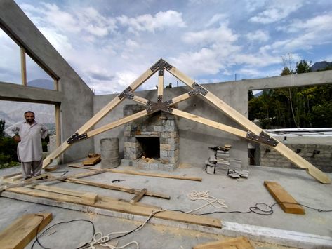 Scissor trusses building Scissor Truss Ceiling Beams, Scissor Truss, Ski Hut, Deck Cover, Timber Frame Pavilion, Truss Design, Roof Truss Design, Raising Pigs, Roof Trusses