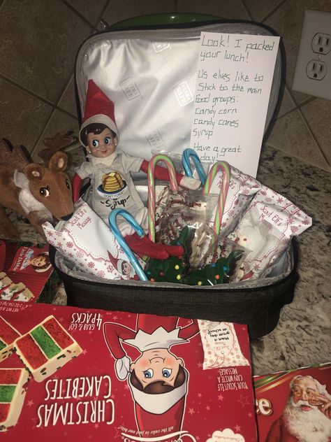 When your elf packs their kiddos lunch Awesome Elf On The Shelf Ideas, Elf On The Shelf Ideas, Shelf Ideas, On The Shelf, Elf On The Shelf, Candy Cane, Elf, Lunch Box, Candy