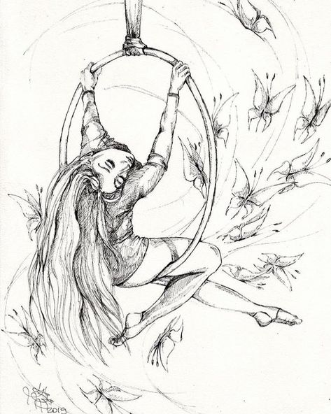 Aerial Hoop Tattoo, Aerial Hoop Drawing, Aerial Drawing, Aerial Photoshoot, Lyra Hoop, Circus Tattoo, Dance Tattoo, Person Drawing, Raven Art