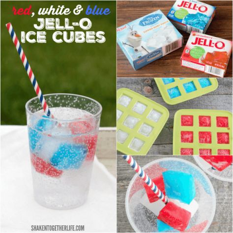 Friends and family will love these colorful no-melt Red White & Blue Jello Ice Cubes! Jello Ice Cubes, Red White Blue Jello, Colored Ice Cubes, Mini Fruit Pizzas, Kids Drinks, Jello Dessert, Blue Jello, July Desserts, Berry Punch