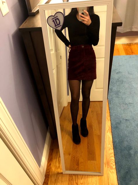 Red Courderoy Skirt, Burgundy Corduroy Skirt Outfit, Red Corduroy Skirt Outfit, Maroon Mini Skirt Outfit, Burgundy And Black Outfit, Maroon Skirt Outfit, Burgundy Skirt Outfit, Corduroy Skirt Outfit, Black Mini Skirt Outfit