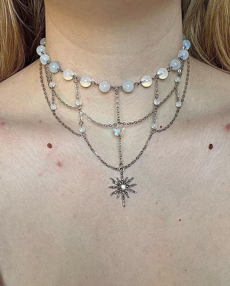 ‘Starlight’ Choker ⭐️ made with opalite beads, aquamarine beads, a glass star bead, stainless steel chain and findings 16in + 2in extension chain available now, link in bio ⭐️ #handmadejewelry #explorepage #necklace #choker Necklace Ideas Handmade, Stone Necklace Diy, Choker Necklace Beads, Work Necklaces, Camera Art, Diy Jewelry Projects, Witchy Jewelry, Handmade Jewelry Tutorials, Aquamarine Beads