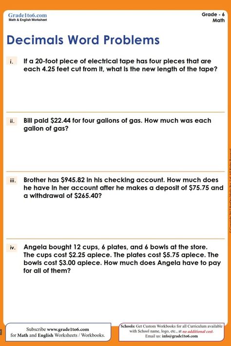 Word Problem with Multiplication of Decimals Numbers Numbers worksheet for Grade 6. 6000 plus Math & English worksheets for Grade 1 to Grade 6 for CBSE/ NCERT/SCERT, ICSE, IB (PYP/MYP), Singapore Math, Cambridge Primary, UK National, K6, Common core standards, Australian, New Zealand & all International Curriculum Subscribe www.grade1to6.com for $6 or Rs 450 a YEAR only!! #grade6 #decimals #decimalnumbers #mathworksheets #englishworksheets #math #mathematics #school #teacher #cbse #pyp Decimal Numbers Worksheet, Multiplication Of Decimals, English Worksheets For Grade 1, Year 4 Maths Worksheets, Math Mental, Grade 6 Math Worksheets, Decimal Multiplication, Decimals Addition, Decimal Numbers