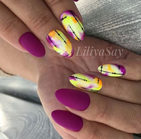 Summer Purple Nails Design, Neon Purple Nails, Nail Designs Easy Diy, Watermelon Nail Art, Neon Acrylic Nails, Art Deco Nails, Finger Nail Art, Nail Art Designs Summer, Makijaż Smokey Eye