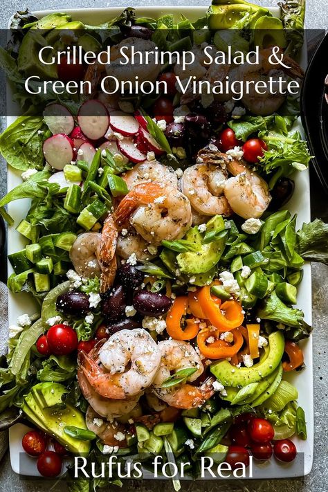 grilled shrimp salad with mixed greens, veggies, and a green onion vinaigrette Pickle Ranch Dressing, Dill Pickle Ranch, Best Grilled Shrimp, Onion Vinaigrette, Salad With Grilled Shrimp, Pickle Ranch, Dinner Salad Recipes, Healthy Salad Dressing Recipes, Grilled Shrimp Salad