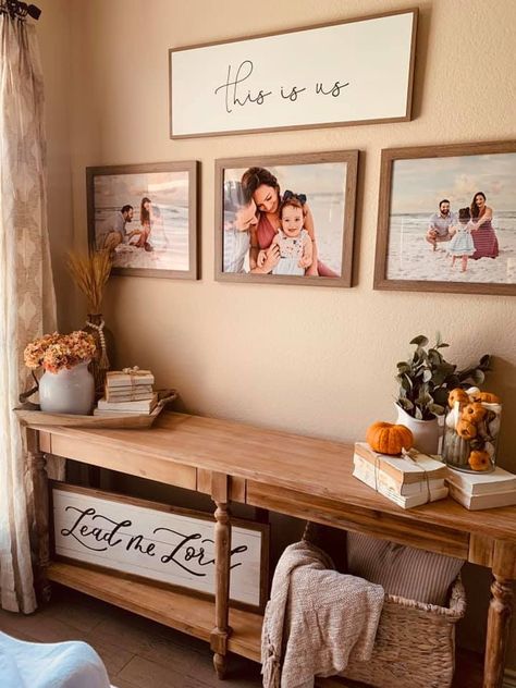 Entryway Picture Wall Ideas, Farmhouse Dinnerware Sets, Family Photos Wall Decor, Picture Wall Living Room, Diy Farmhouse Ideas, Credenza Decor, Family Pictures On Wall, Wooden Living Room, Canvas Wall Art Living Room