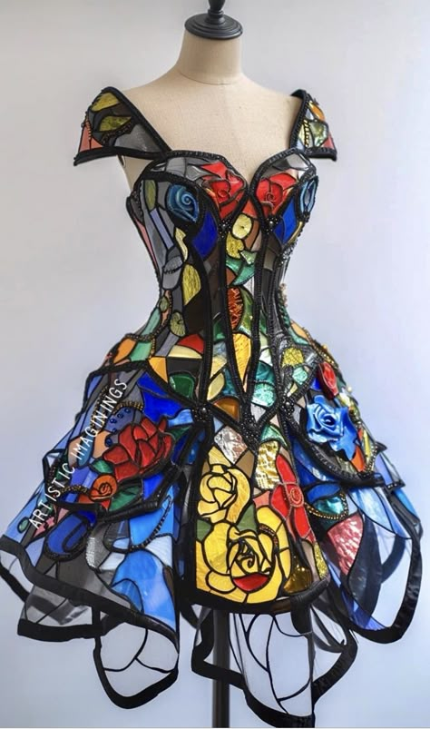 Wearable Art Dresses, Alice In Wonderland Fashion Design, Stained Glass Costume, Stained Glass Outfit, Creative Dress Design, Stained Glass Fashion, Maximalist Dress, Stained Glass Dress, Mosaic Fashion