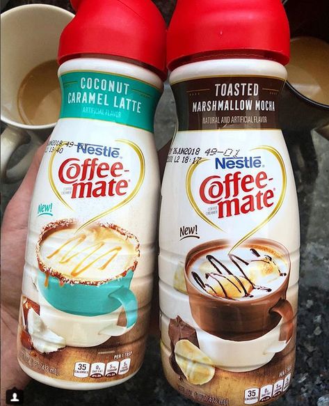 Coffee Mate Coffee Creamers - Coconut Caramel Latte and Toasted Marshmallow Mocha Coffee Creamer Flavors, Krave Cereal, White Chocolate Mocha Coffee, Raspberry Coconut Cake, Coffee Flavors Drinks, Food Brand Design, Chocolate Mocha Coffee, Vegan Coffee Creamer, Mocha Creamer