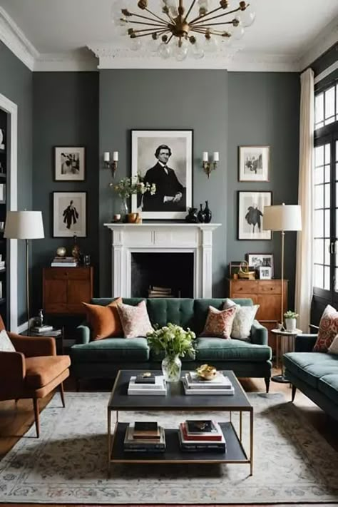 Vintage Design Living Room, Modern Period Living Room, Deep Color Living Room, Victorian Interior Design Modern, City House Aesthetic, Colorful Transitional Living Room, Vintage Interior Design Living Room, Modern Vintage Decor Living Room, Victorian Living Room Ideas Modern